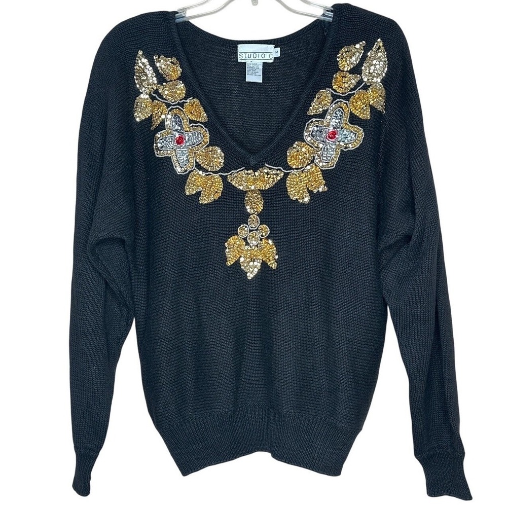 Vintage Studio C Black Sequin V-Neck Whimsical Sweater Women M Ramie Cotton Knit